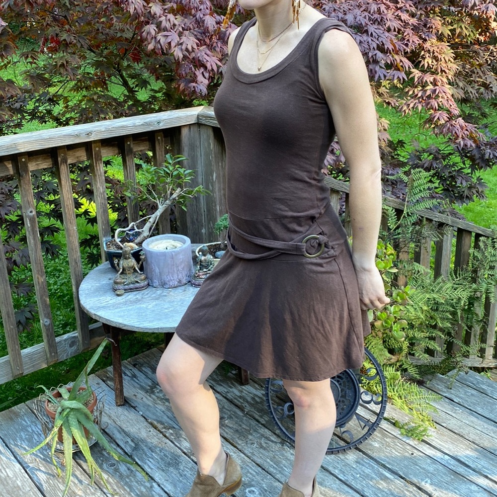 Nomads Hemp wear brown midi dress organic cotton & hemp sleeveless faux belt XS
